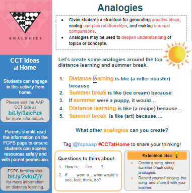 fcpsaap's tweet photo. We can hardly believe that it's already the end of the school year in just a few days.  As we reflect back about our distance learning and look forward to summer break, let's use analogies to generate creative ideas &amp; see connections.  #CCTatHome https://t.co/RqG0ANEbGt
