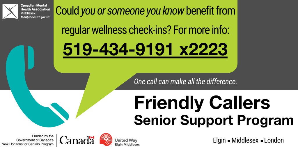 Could you or someone you know benefit from regular wellness check-ins? Older adults across London, Strathroy, Middlesex and Elgin County will be matched with a volunteer for weekly check-ins &amp; assist with access to community and social supports. cmhamiddlesex.ca/programs-servi…
