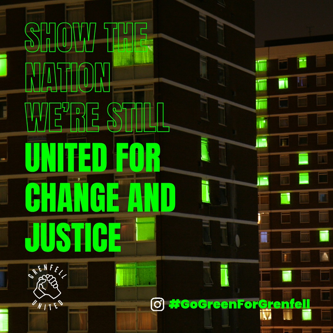 After our Remember Grenfell screening at 6pm on Sunday 14th June, we are asking supporters to #GoGreenforGrenfell at 10:30pm by playing our film which will be available on Sunday 💚 Please head to grenfellunited.org.uk for more details.