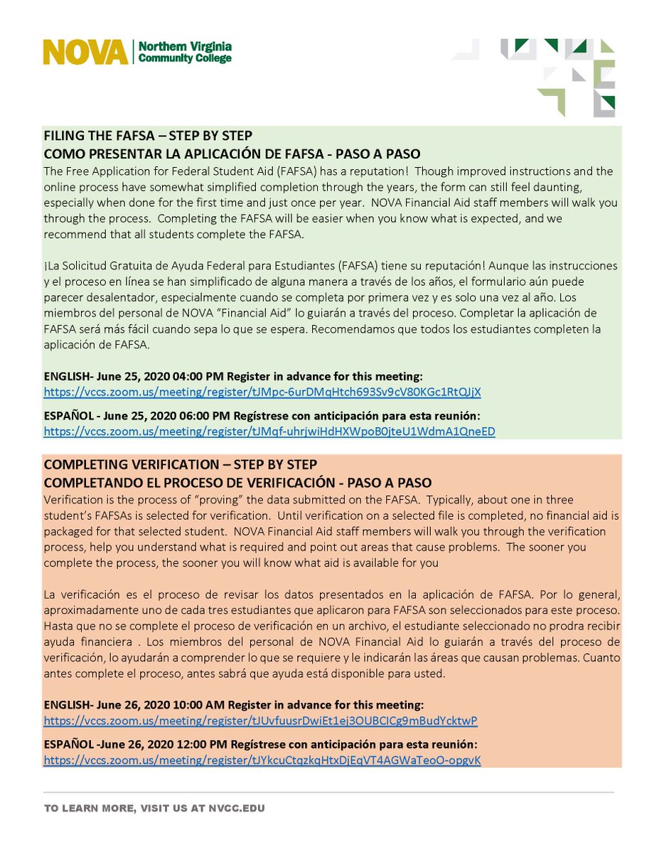 NOVA is now accepting registration for their FAFSA workshops occuring June 22 - 24.