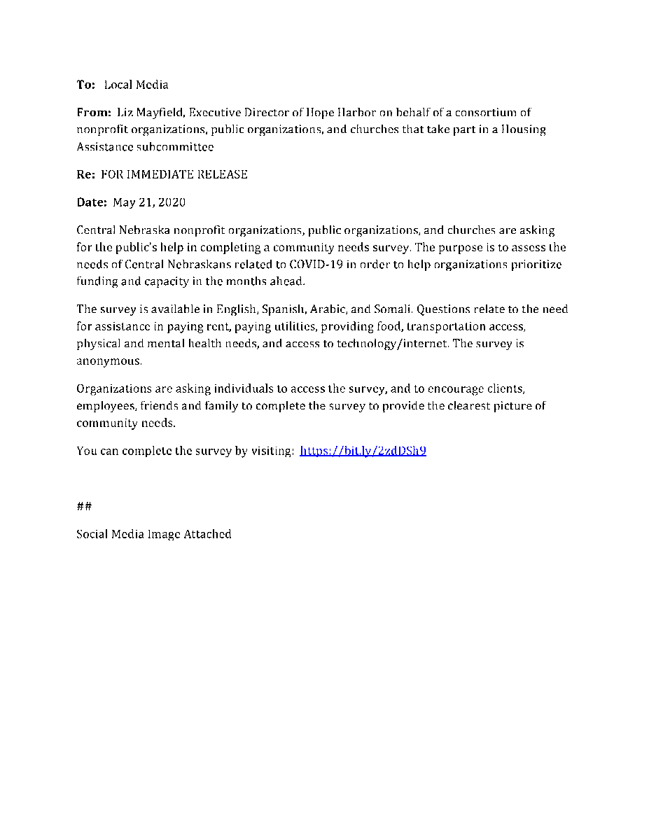 Please fill out and share this survey to better assess the needs of Central Nebraskans related to COVID-19 in order to help organizations prioritize funding and capacity in the months ahead.

Thank you.

Survey Link: bit.ly/2zdDSh9