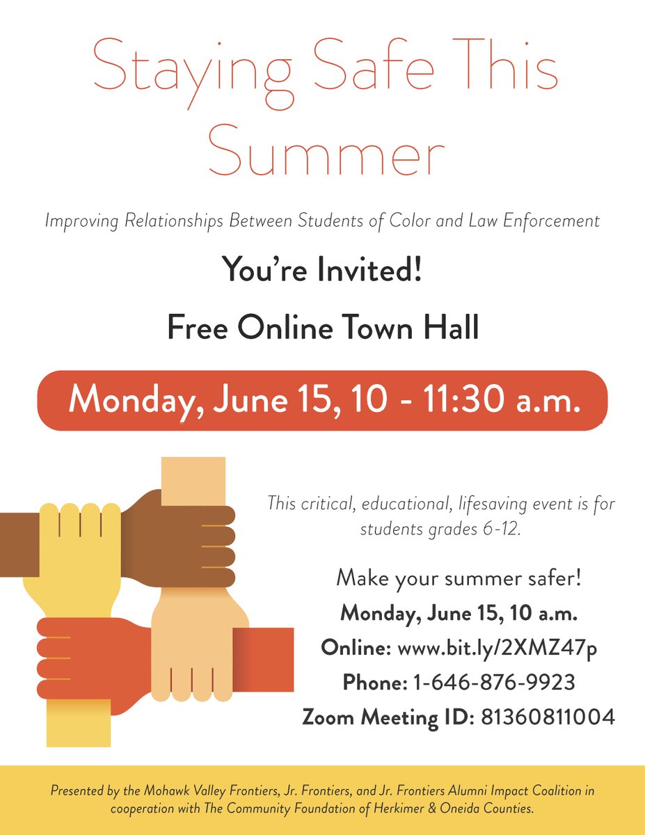 🖤 Community Awareness 🖤 SANY Scholars are invited to participate in a virtual town hall meeting 6/15. See flyer for details.

The meeting aims to improve the relationship between students of color &amp;law enforcement. This critical event is for students grades 6-12. See you there!