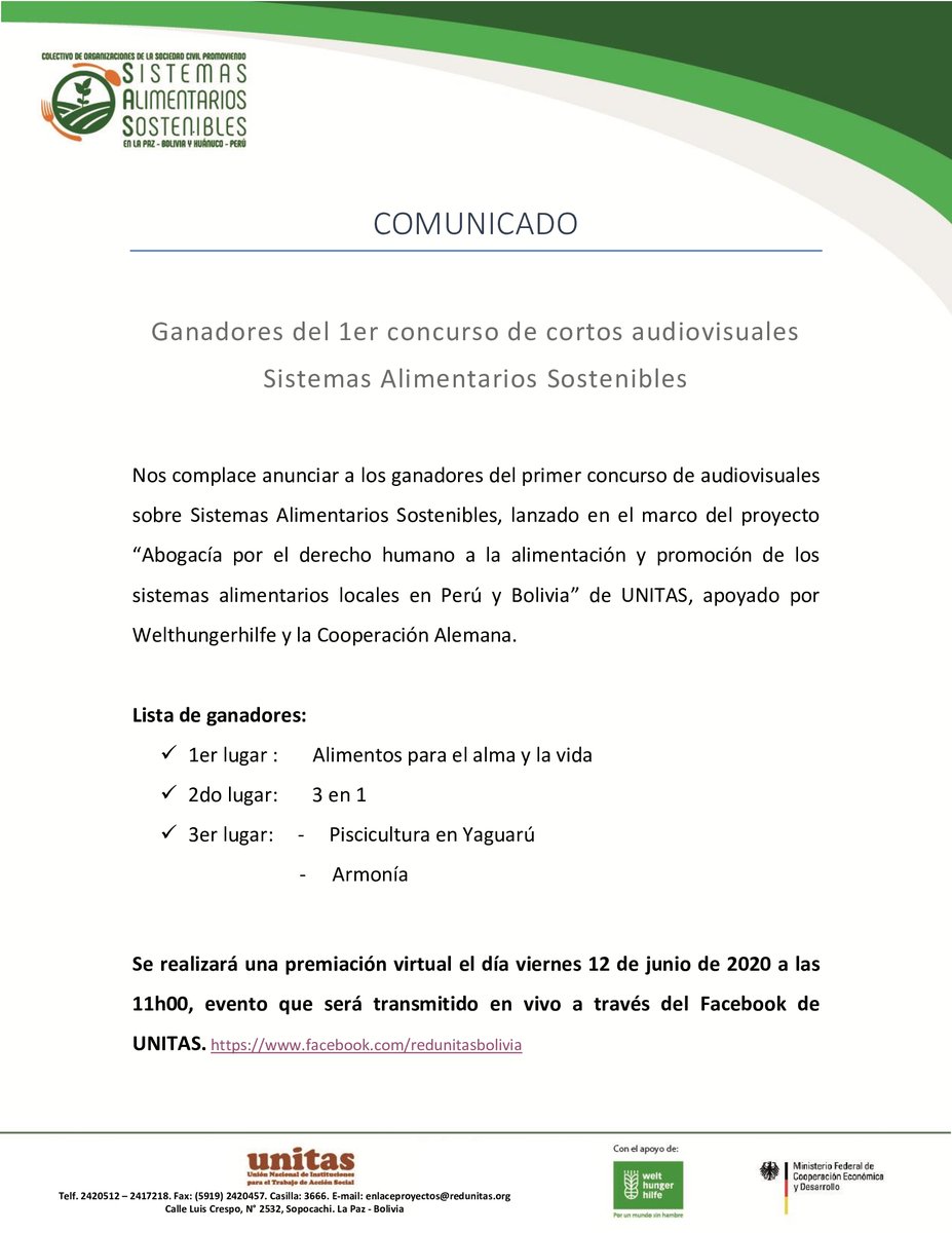 redunitas's tweet photo. [Concurso de cortos audiovisuales]
Nos complace anunciar los trabajos ganadores del concurso de cortos audiovisuales sobre Sistemas Alimentarios Sostenibles. 
@Whh_Sam 
@ecotamboBo  
@Swisscontact  
@Rimisp https://t.co/uo4BP5TIKm