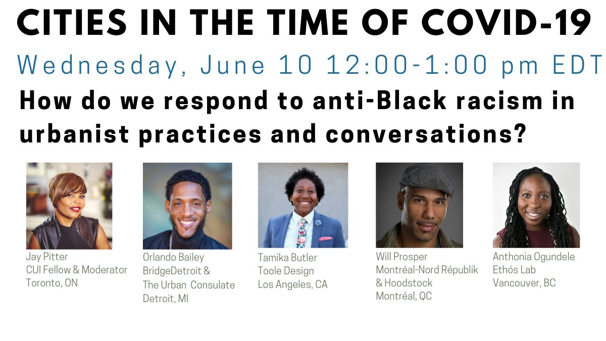 Today at noon EDT <a href="/Jay_Pitter/">Jay Pitter</a> takes over our #CityTalk platform to discuss anti-Black racism in urbanist practices &amp; conversations with <a href="/orlandopbailey/">Orlando P. Bailey</a>, <a href="/TamikaButler/">tamika butler is @tamikabutler.bsky.social</a>, Anthonia Ogundele &amp; <a href="/WillProsper/">Will Prosper</a>. Don't miss this important conversation. Register: bit.ly/2UezFRM