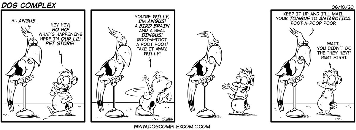 dogcomplexcomic's tweet image. Happy Wednesday to all! For those of you new to Dog Complex, please meet Willy (parrot) and Angus (hamster), who are two of the staples of this strip. Please spread the word about Dog Complex! #webcomic #webcomics #comicstrips #comicstrip #humor 

linktr.ee/dogcomplexcomic