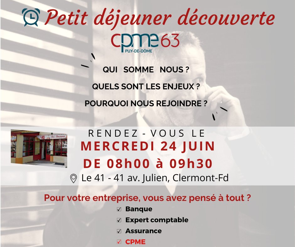 [Présentation CPME] 📣 Vous êtes Chefs d’Entreprise, et vous ne connaissez pas la CPME 63 ❓

Qu’attendez-vous ⁉️ Venez participer à notre petit déjeuner découverte de la CPME 63 le mercredi 24 juin de 08h00 à 09h30 ☕️

📱 Veuillez contacter Sandra DENIS GONZALEZ : 07.61.83.27.30
