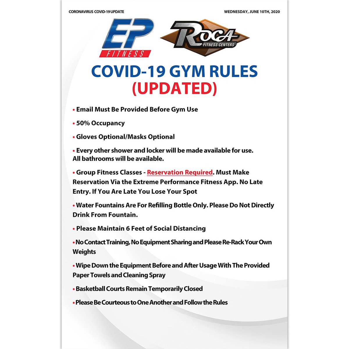 ROCAFitness's tweet photo. Members note our updated COVID19 rules. Based on state &amp; cdc recommendations we will be operating at 50% capacity. Gloves/Masks optional. Every other shower &amp; locker will be available. All other rules remain the same. We will continue to keep you updated. Rules subject to change. https://t.co/D8yEfDJAgk