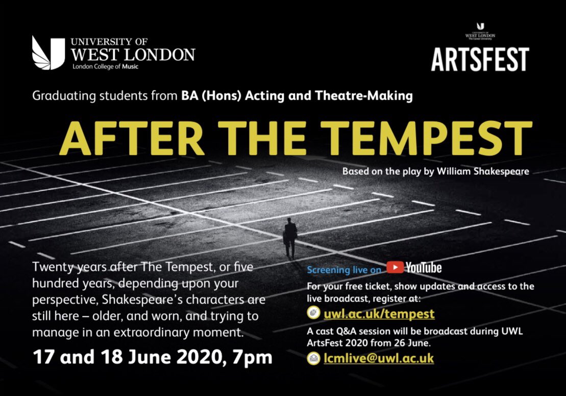 After the Tempest by Acting &amp; Theatre-Making 2020 graduates. 

FREE &amp; available to all via YouTube (University of West London) 

Register your free ticket here: 
eventbrite.co.uk/e/after-the-te…

Advert: 
youtu.be/8tnfU3sxY6E

The Tempest Recap:
youtu.be/TSILST5x8FA
