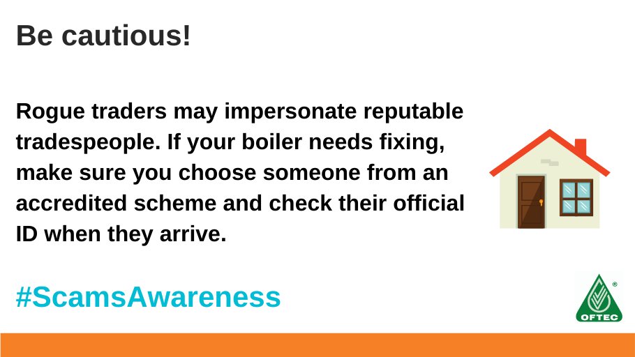 OFTEC's tweet photo. If your boiler needs fixing, make sure you choose someone from an accredited scheme (e.g. OFTEC for Oil) or (GasSafe for Gas) and make sure you check their ID on arrival.

Our advice at https://t.co/QkHsdwUpUD is to help UK households avoid potential scams! 

#ScamAwareness https://t.co/pbFPp7CBAH