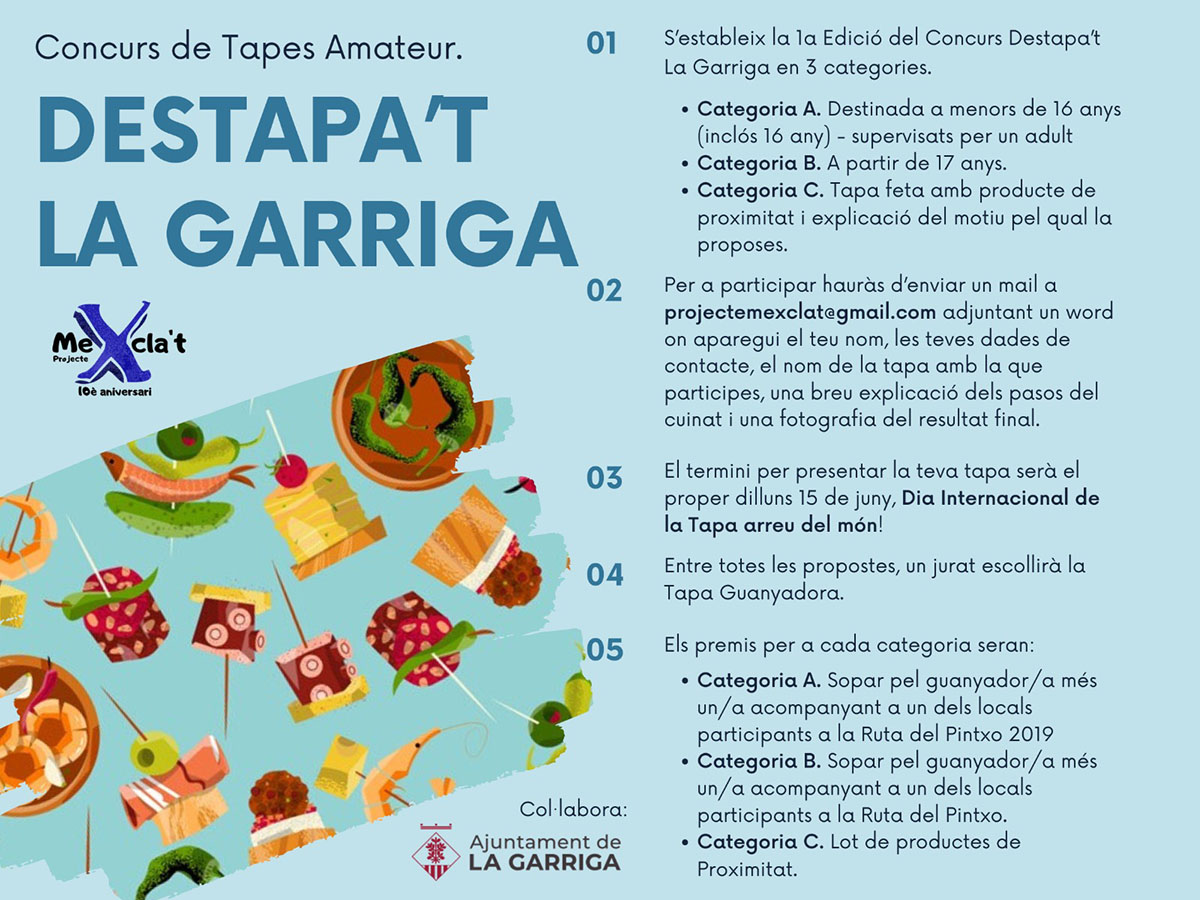 GarrigaDigital's tweet image. 🍔 @ProjecteMexclat: &apos;‘Destapa’t’,  el concurs de tapes des de casa que proposa Projecte Mexcla’t&apos;

⏳ Participa-hi fins el 15 de juny!

🏷️ #LaGarriga #Destapat #ProjecteMexclat #RutaPintxoLG

🔗 lagarrigadigital.cat/2020/06/10/des…