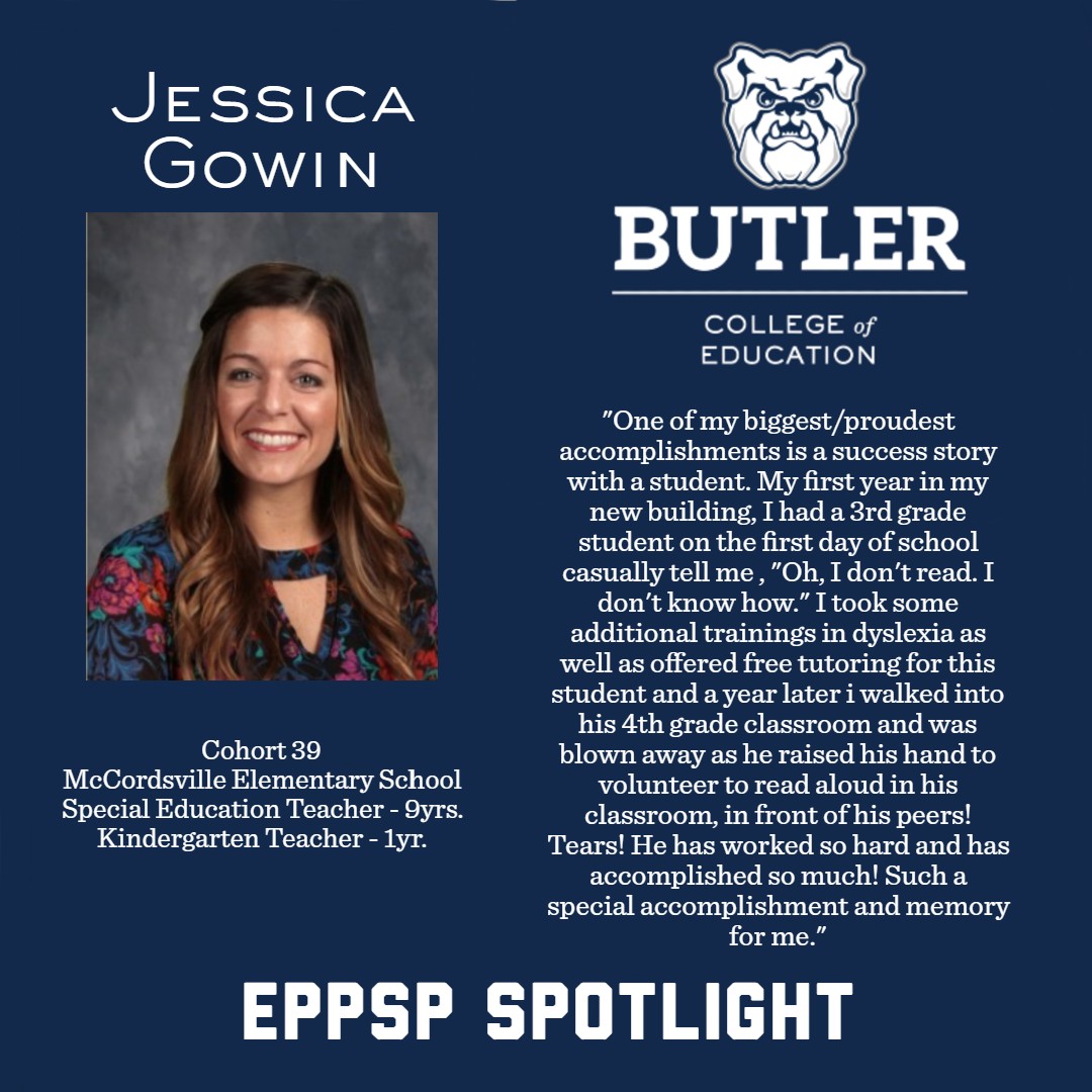 This week's #EPPSPSpotlight is @JessGowin! Jess teaches <a href="/McCordsvilleES/">McCordsville Elemen</a> in <a href="/mvcsc_district/">mvcsc district</a> and is a graduate of <a href="/ButlerCOE/">Butler COE</a>! We are so PROUD to have her as a part of EPPSP! #Leadership