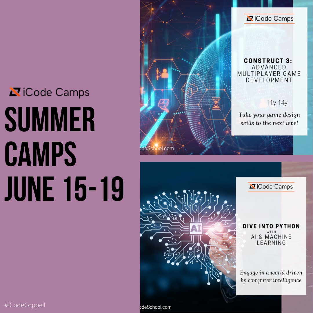 iCodeCoppell's tweet photo. #iCodeCoppell Coding and Gaming SUMMER CAMPS June 15-19! Camp Enrollment limited for social distancing &amp; individualized instruction! https://t.co/O0YHl1bPlU to learn more! 
#summercamp #summercamp2020 #summervibes #STEM #STEAM #coding #gaming #AI #machinelearning #python https://t.co/PfcXRJXrnH