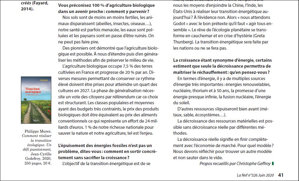 3/xJ'ai eu l'honneur d'être interviewé par Christophe Geffroy de la Nef pour la sortie du livre "Comment réaliser la transition écologique, un défi passionnant" 