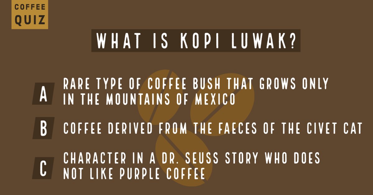 #CoffeeQuiz: Do you know the answer?

If so, please comment below ↓

#quiz #questionoftheday #coffeefacts #kopiluwak #coffee #coffeetime #coffeelover #coffeejack