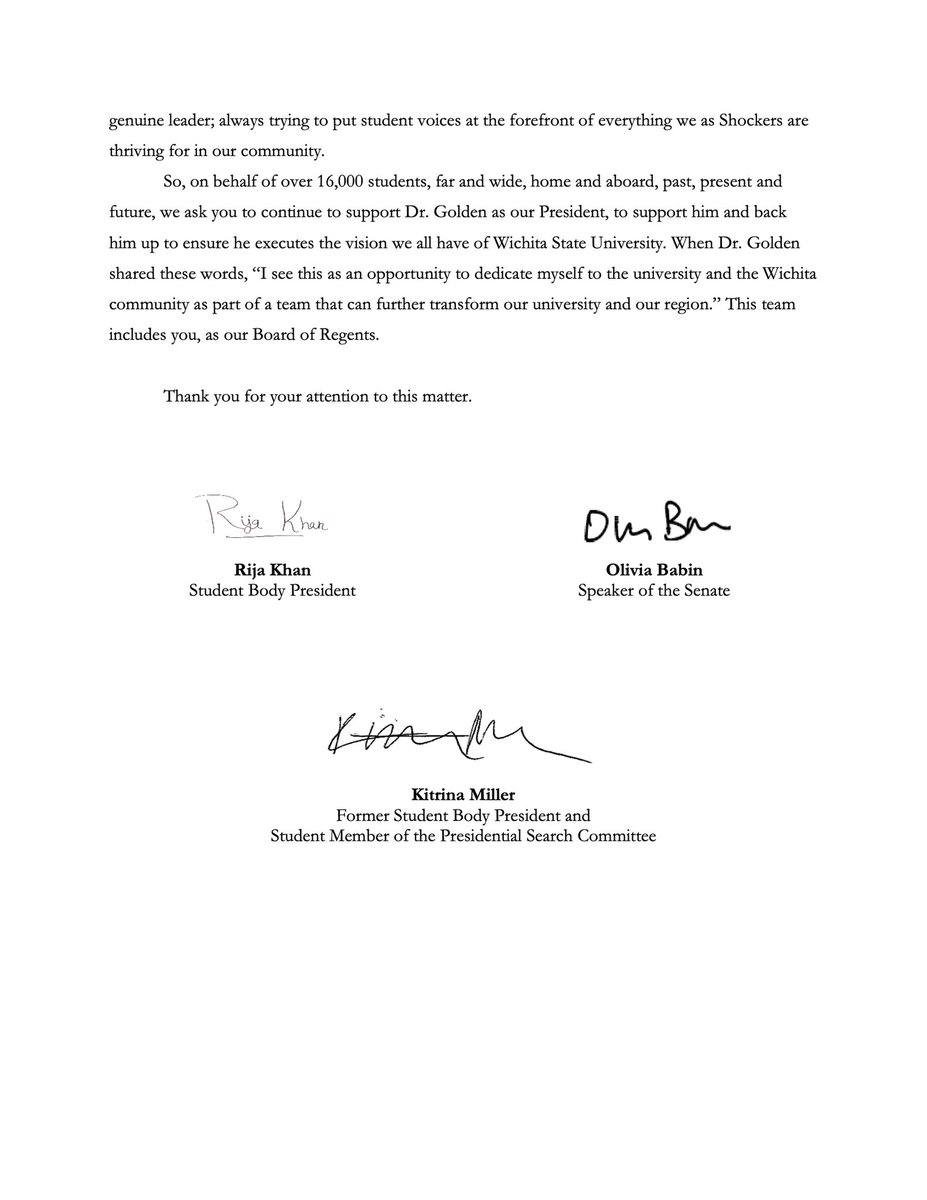 We stand with President Dr. Jay Golden of Wichita State University. Dr. Golden listened to the student voices’ and took action, which is one of the things that makes him a great university president.