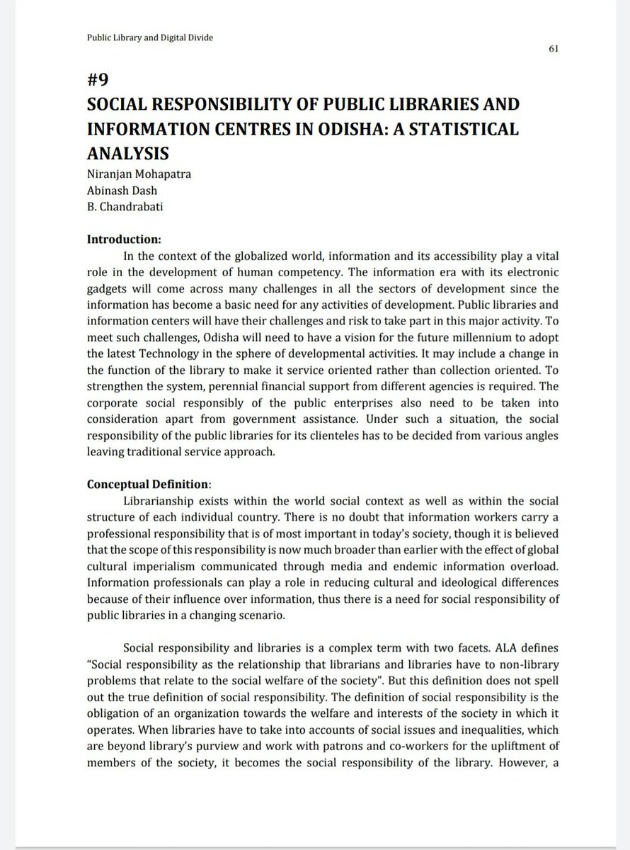 NiraMohapatra's tweet photo. Our most awaited paper on #Social_Responsibility of #Public_Libraries and #information_centres in #Odisha : A #statistical_Analysis in the #book #Public_Library and #Digital_Divide
Full text available on
https://t.co/6mYMlnAHNm https://t.co/b47Ok8S6Yq