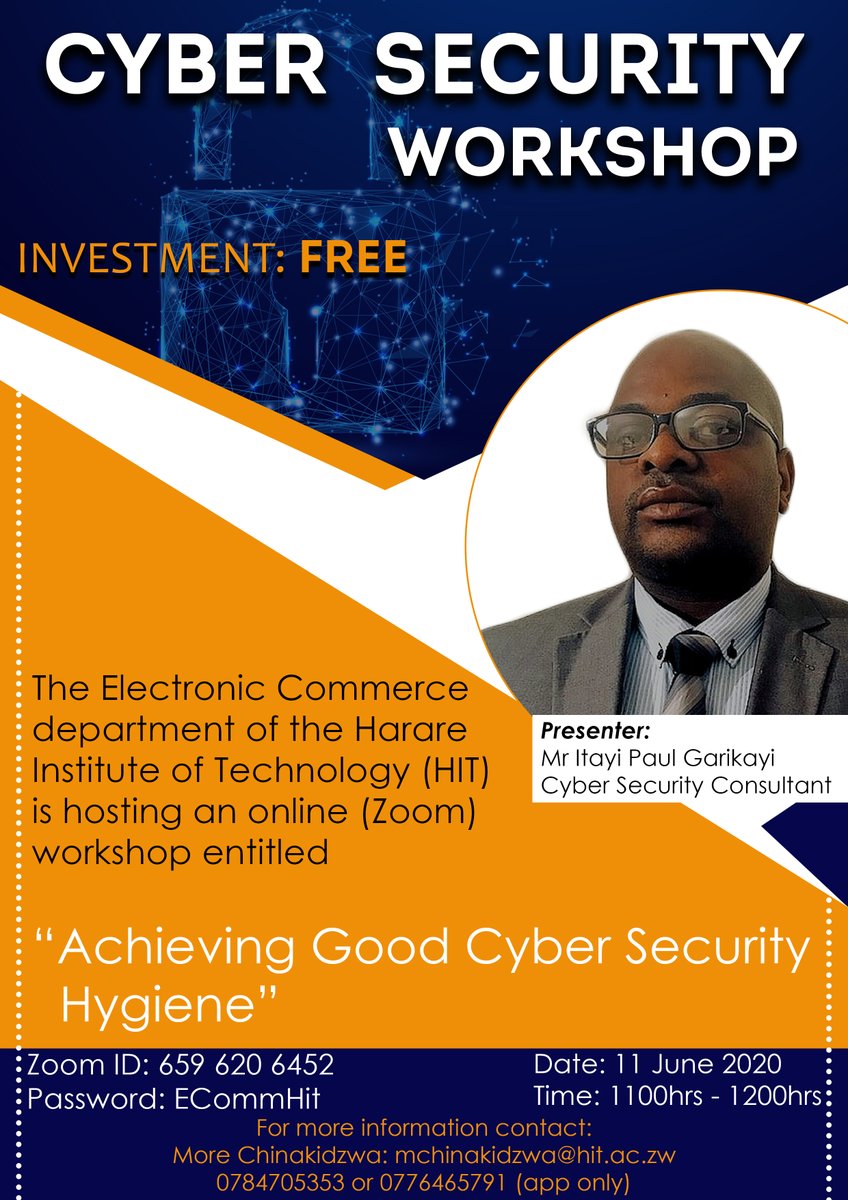 mochinaz's tweet photo. Realising that going digital alone is not enough. Tomorrow we are hosting Itayi P. Garikayi to talk about "Achieving Good Security Hygiene". See attached. https://t.co/jpVMLmhx4r