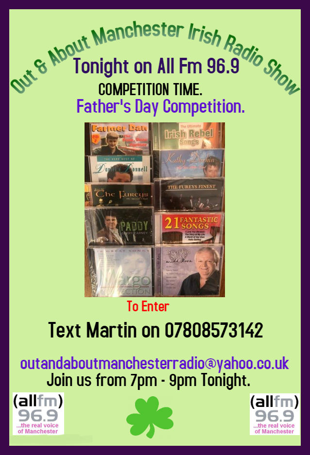 Tune in tonight 7pm to 9pm to find out how you can win 10 Irish Country Music Cds just in time for Father's Day on <a href="/ALLFM/">ALL FM 96.9</a>
 with <a href="/CareyAnnette/">Annette logan</a>
 and <a href="/irishinuktv/">The Irish in the uk TV on SKY 186</a>
 <a href="/manchesteriris1/">Manchesterirish</a>
  Please RT