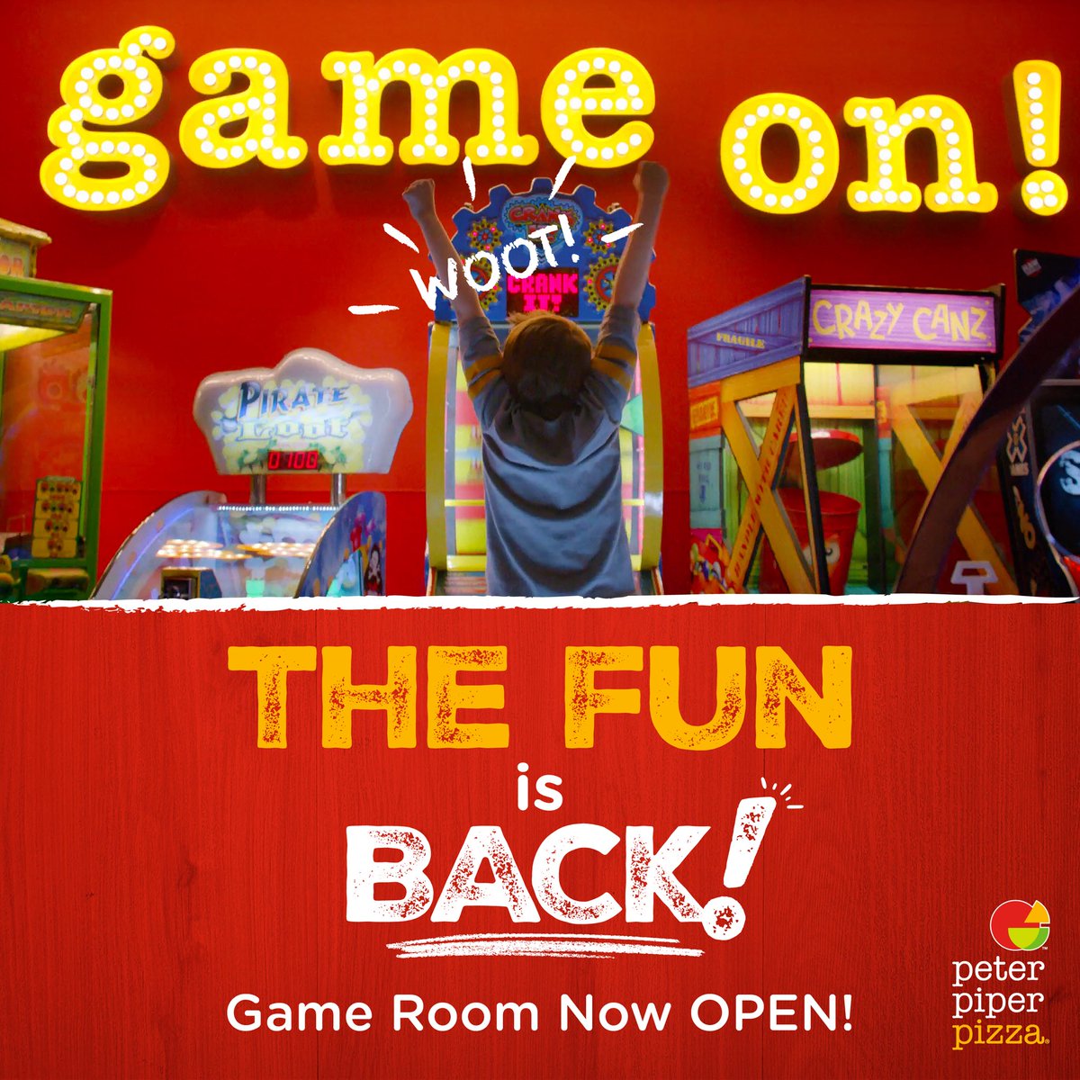 PeterPiperHous1's tweet photo. Our game room is OPEN! Come &amp; get your game on at Peter Piper Pizza! 
You'll notice protocols we've put in place that meet or exceed local health requirements in order to protect your health. Learn more about these precautions and protocols by visiting https://t.co/0qa52q208B https://t.co/mFBgIGGK7b