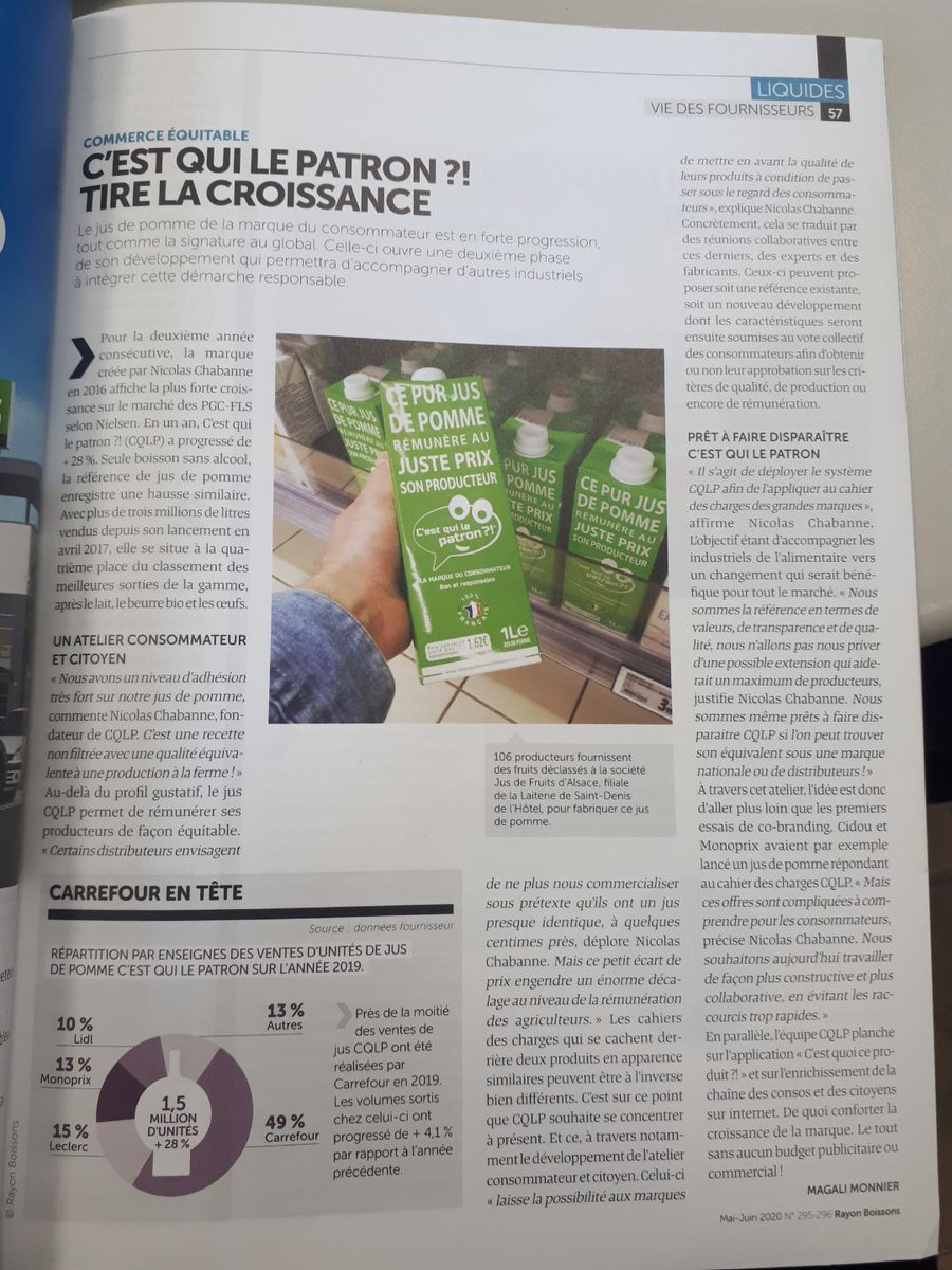 LE JUS DE POMME DES CONSOMMATEURS À L’HONNEUR 🙌🥳 #SoutienAuxProducteurs #LePatronCestLeConso « Au-delà du profil gustatif, le jus CQLP permet de rémunérer ses producteurs de façon équitable » 🙌 Merci à @RayonBoissons pour cet article (mai-juin 2020 par Magali Bonnier) 😊🙏