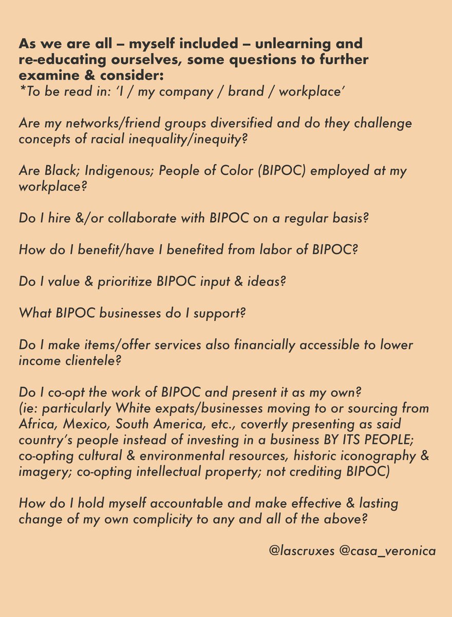 As the owner of 2 small businesses &amp; advocate of Black lives &amp; oppressed people, examining my own place in the greater conversation &amp; feeling a personal responsibility to ask these difficult questions over the years: ‘Where am I complicit?’ And finally, ‘How will I change that?’