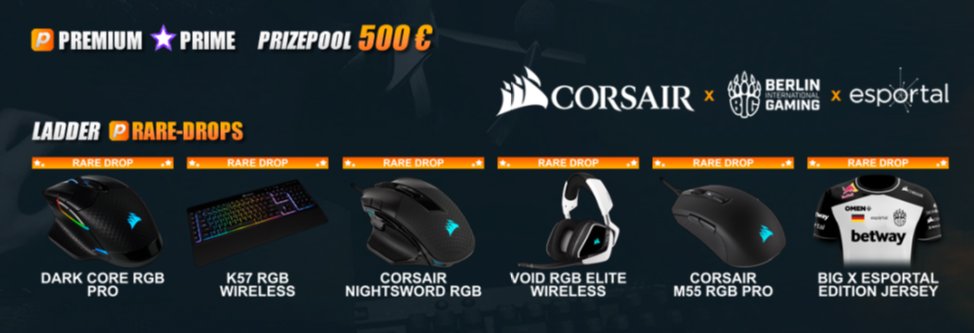 EsportalGER's tweet image. Wir öffnen unsere 500€- @BIGCLANgg  x @CORSAIRDE #Ladder von nun an auch für Spieler mit Prime 🥳

Exklusiv für die Teilnehmer mit Premium haben wir brandneue Drops:

🖱 DARK CORE RGB PRO

⌨️K57 RGB WIRELESS

🎧VOID RGB ELITE WIRELESS

 1-Click-Anmeldung: bit.ly/corsairladderj…