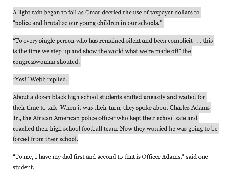 Interestingly and not at all irrelevant is this incredible passage. White liberals decide unanimously to expel the schools police. The black students who love the black police officer are crushed: