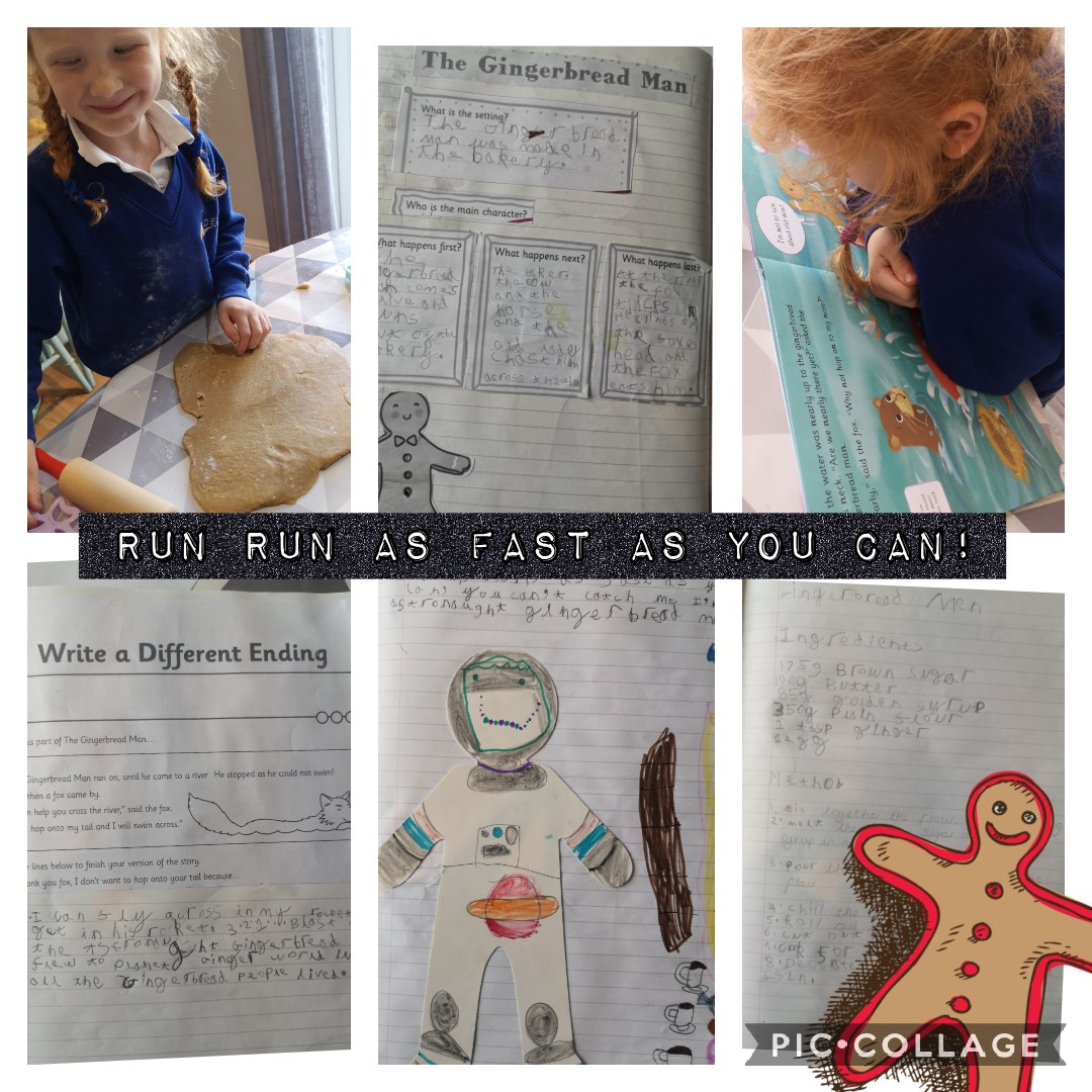 Claremamab83's tweet photo. @EgpaFs2 Emi has been reading The Gingerbread Man this week... She wrote an alternative ending where he was an astronaut and managed to escape the fox! She had a go at baking her own too! Xx https://t.co/TqVD9S4ds8