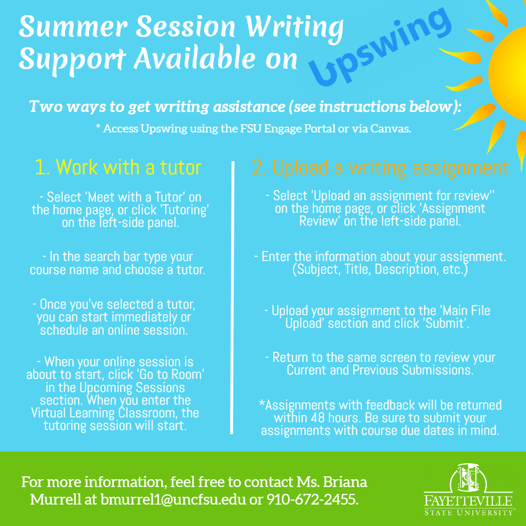 fsu_wrctr's tweet photo. The Writing Center is available for summer session writing support via Upswing. Contact us if you have any questions. #faystate #universitycollege #thewritingcenter #theWRITEplace https://t.co/ST7uCA8CwI