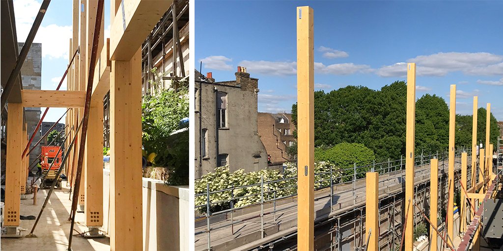 HTS_London's tweet photo. Progress is being made on site at Old Gramophone Works.
The majority of the new #glulam columns have now been installed up to the second floor and works on the existing RC frame have been carried out allowing for the #timber connections into the structure.
#HTSTimberFocus https://t.co/QLYWLehxsq