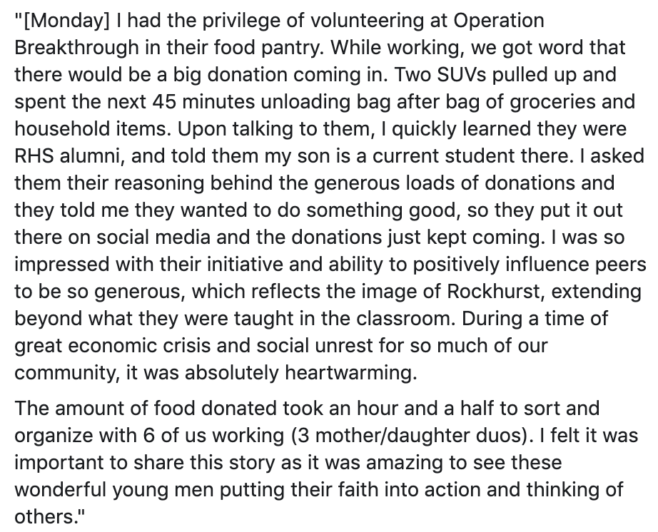 RockhurstHS's tweet photo. We received an awesome update about a group of Class of 2018 graduates working as "men for others" in our community! It was shared by a current parent.

Way to go, Class of 2018 members: Will Kanatzar, Dominic Ammatelli, Will Bartek, JJ Mayer, and KJ Connell! AMDG https://t.co/zHKd9zcl7R