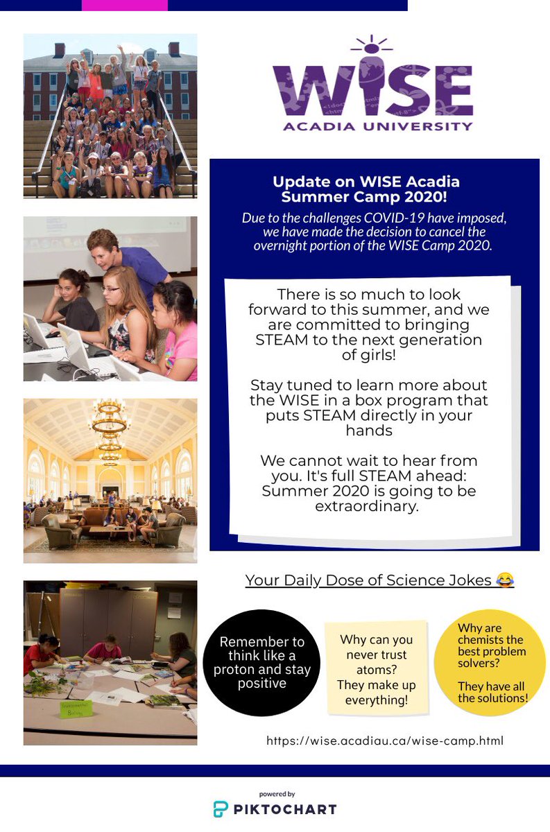 It’s Full STEAM Ahead w/ #WiseAcadia supporting girls learning  about science. While the residential camp isn’t possible because of COVID19, we have some exciting learning experiences planned, incl ‘WISE in a Box’ - stay tuned for details on this &amp;  other ways to engage w/ STEAM!