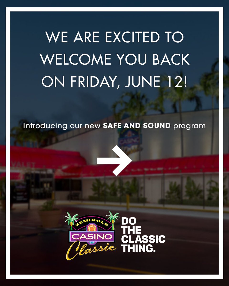 SeminoleClassic's tweet photo. We are excited to announce that we will be reopening on Friday, June 12 at noon! As we prepare to welcome you back, we have made essential updates to our operations — including the introduction of our SAFE &amp; SOUND program guidelines. 
For more info, visit: https://t.co/uVyTqGHLKQ https://t.co/nZseV9zGsu