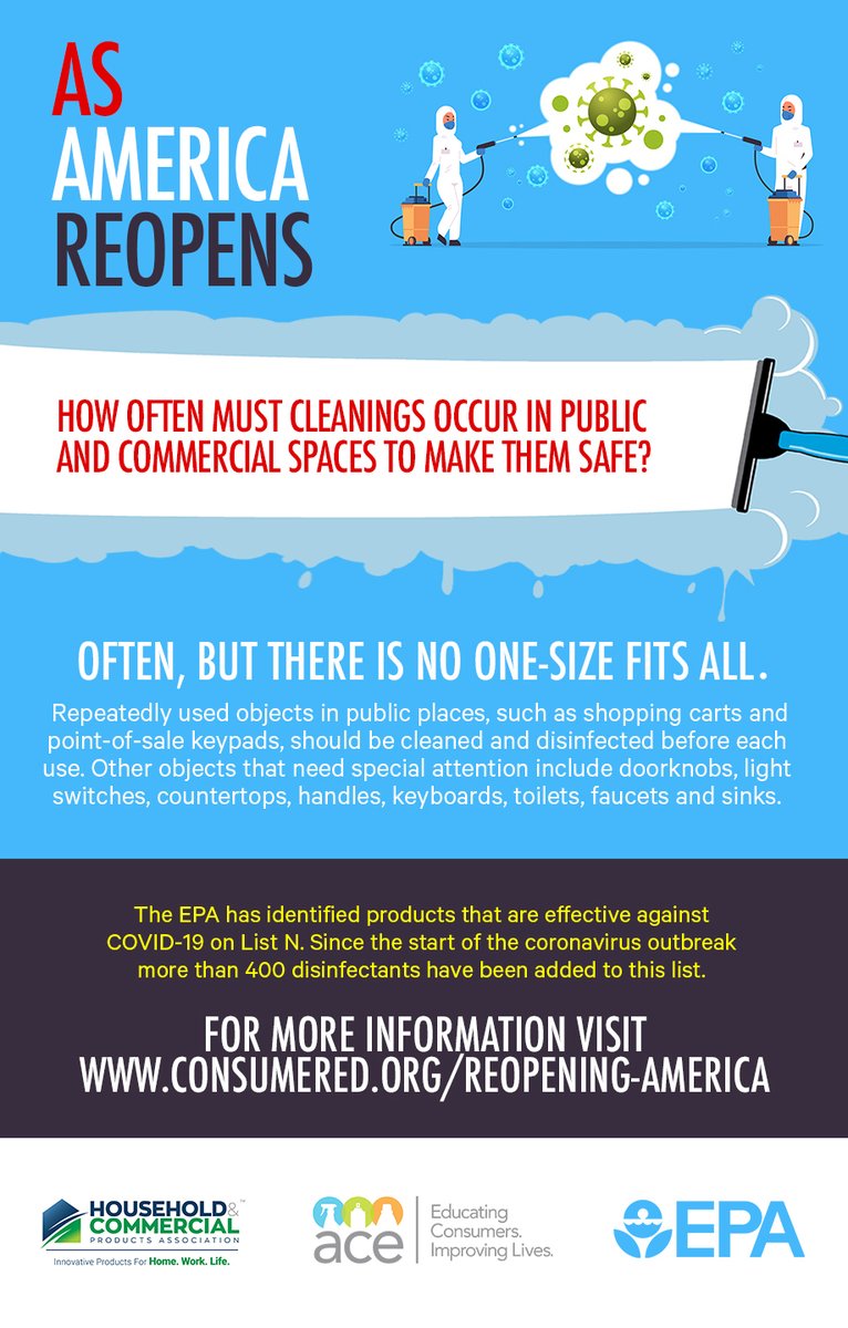 Cleaning in public and commercial spaces needs to be tailored based on location and frequency of use of the space. To learn more, visit consumered.org/reopening-amer…