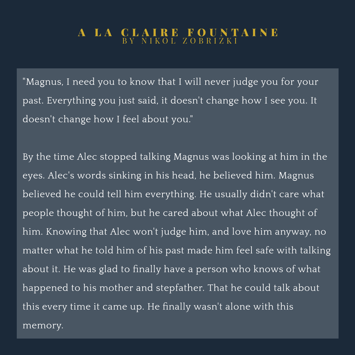 MalecInstitute's tweet photo. Sneak peek  :  

"A la claire fontaine" by Nikol Zobrizki (@marvelousxmalec).

#ShadowHunters #Malec #AlecLightwood #MagnusBane  #MalecFanbook #Theimmortalproject https://t.co/nhLr5DDg8m