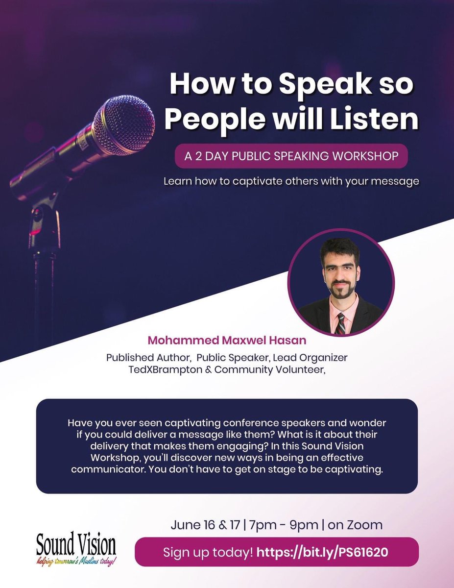 SoundVisionUSA's tweet photo. We are excited to announce that we will be having a 2-day public speaking workshop entitled: How to Speak so People will Listen

We are excited to announce our lead, @MohammedMaxwel, a published Author &amp; Public Speaker.

We encourage all to register here: https://t.co/0EFi833tMI https://t.co/5ypYDHHCyO