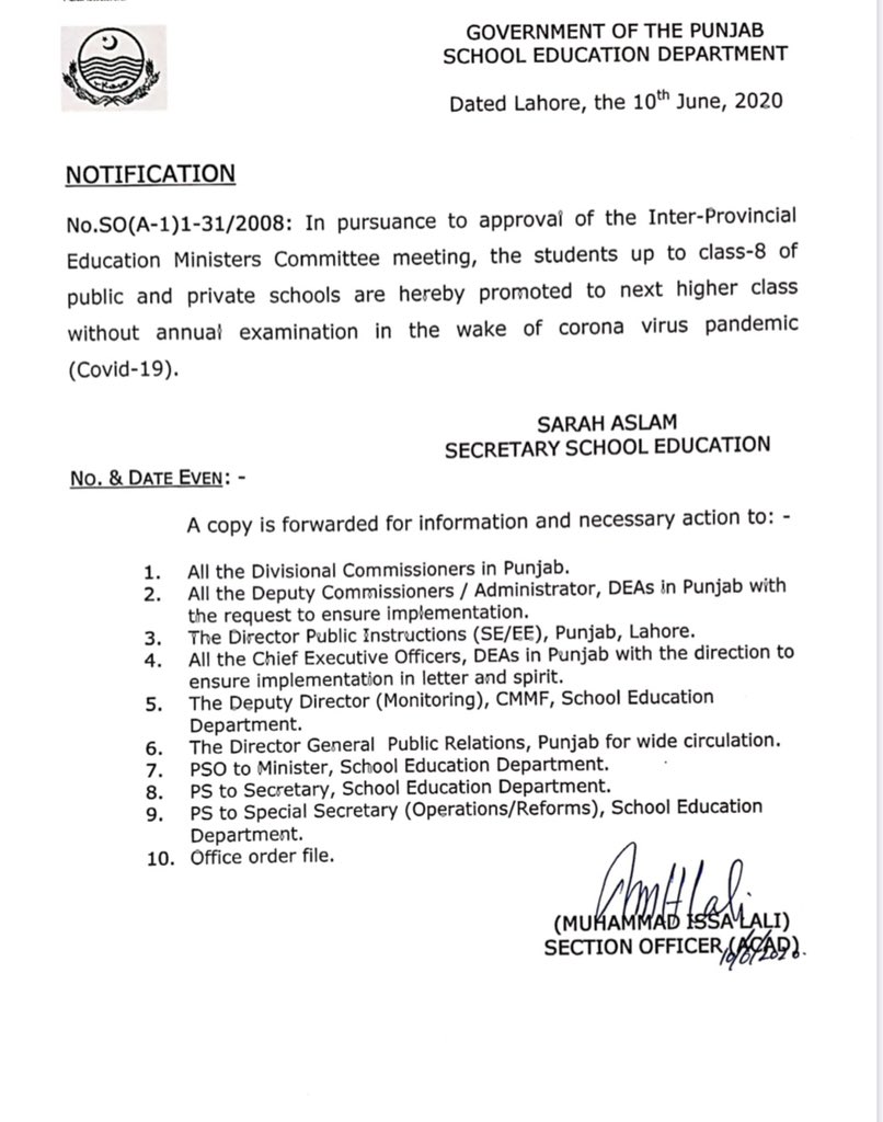 apna_mithu's tweet photo. Notification:
All students in Punjab Public and Private Schools have been Promoted to next classes without Annual Examinations due to the Covid 19 Pandemic situation. 
@DrMuradPTI https://t.co/7g33yw3NSV