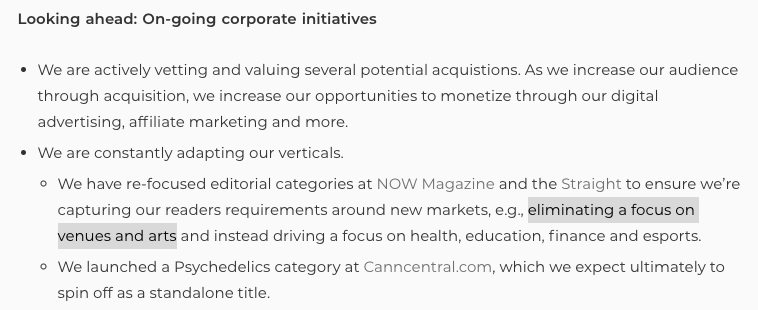 goldsbie's tweet photo. Also, they are "eliminating a focus on venues and arts" to instead cover finance and esports: https://t.co/FbpaZb6ciQ