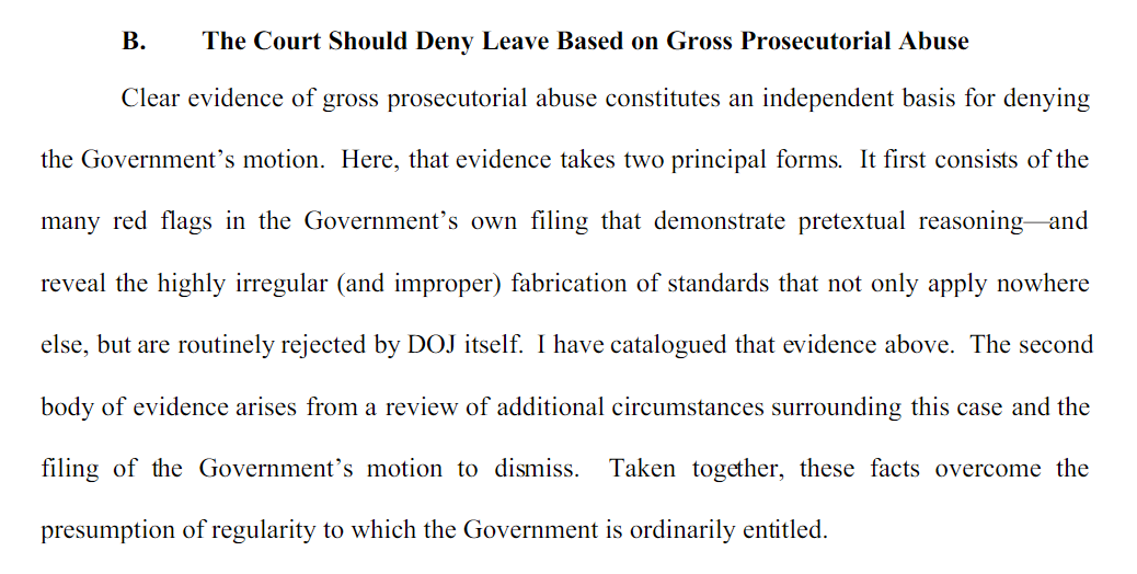 This is getting good! Gleeson recommends denying the motion on the grounds that the Motion to Dismiss is Gross Prosecutorial Abuse. That will surely force DOJ to prove the above points are based upon ignorance of the evidence.