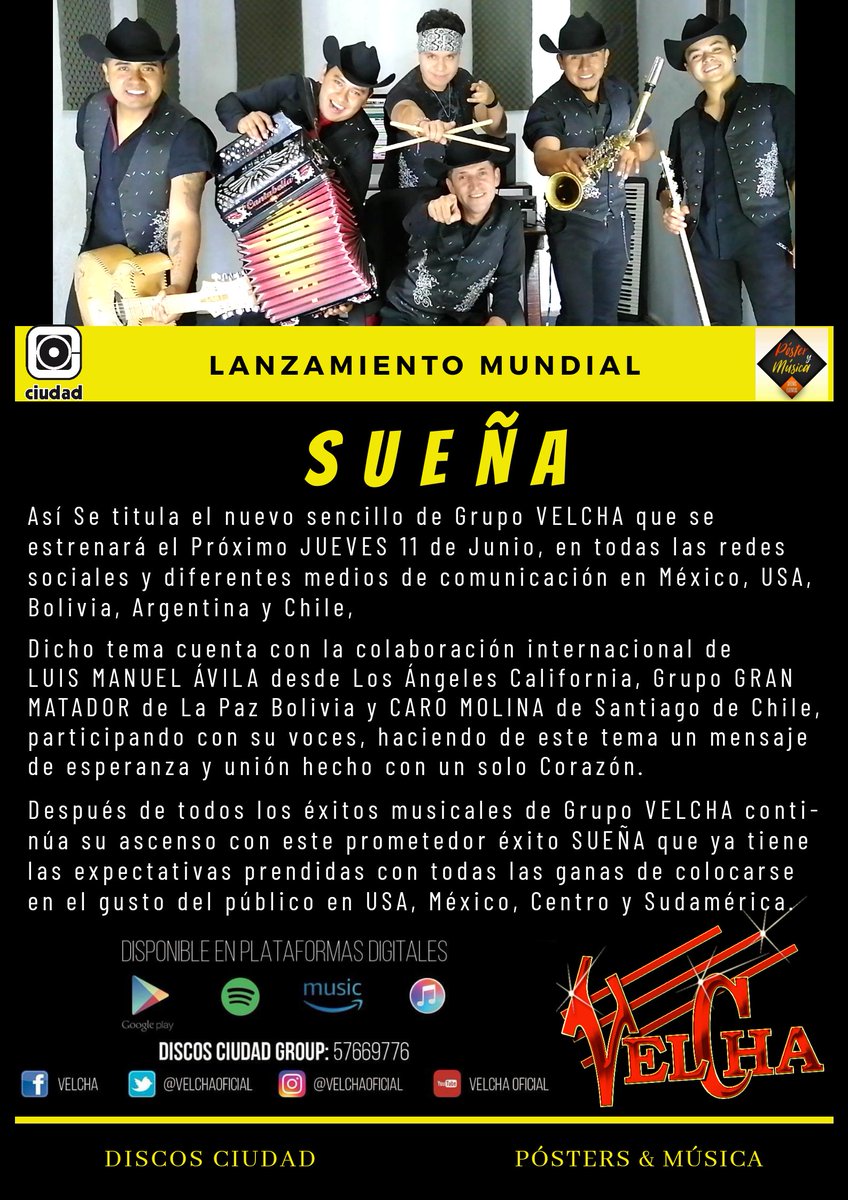 VelchaOficial's tweet photo. Mañana GRAN #Estreno #Sueña @VelchaOficial @GranMatadorLP @caromolinaof @AvilaLuisManuel Una canción con un mismo CORAZÓN 🎶💖🌎 @discosciudad @posterymusica.
.
.
.
#coronavirus #COVID__19 #MiercolesDeGanarSeguidores #WednesdayMotivation #Musica #Latinos #latinosunidos #Velcha https://t.co/eVJxJX76iO
