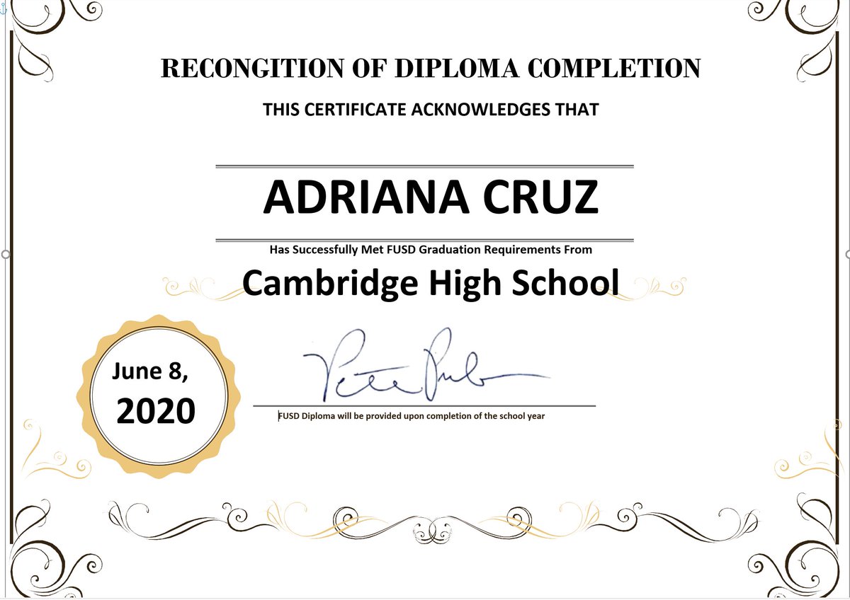 Cambridge High School is proud to announce Adriana Cruz as our newest graduate. Way to go Adriana!!! #distancelearning <a href="/fresnounified/">Fresno Unified</a> <a href="/ACSA_info/">ACSA</a> <a href="/CCEAeducation/">CCEA Plus</a> <a href="/rapsa/">RAPSA</a> <a href="/NASSP/">National Assoc. of Secondary School Principals</a> <a href="/EdgenuityInc/">Edgenuity (now Imagine Learning)</a>
