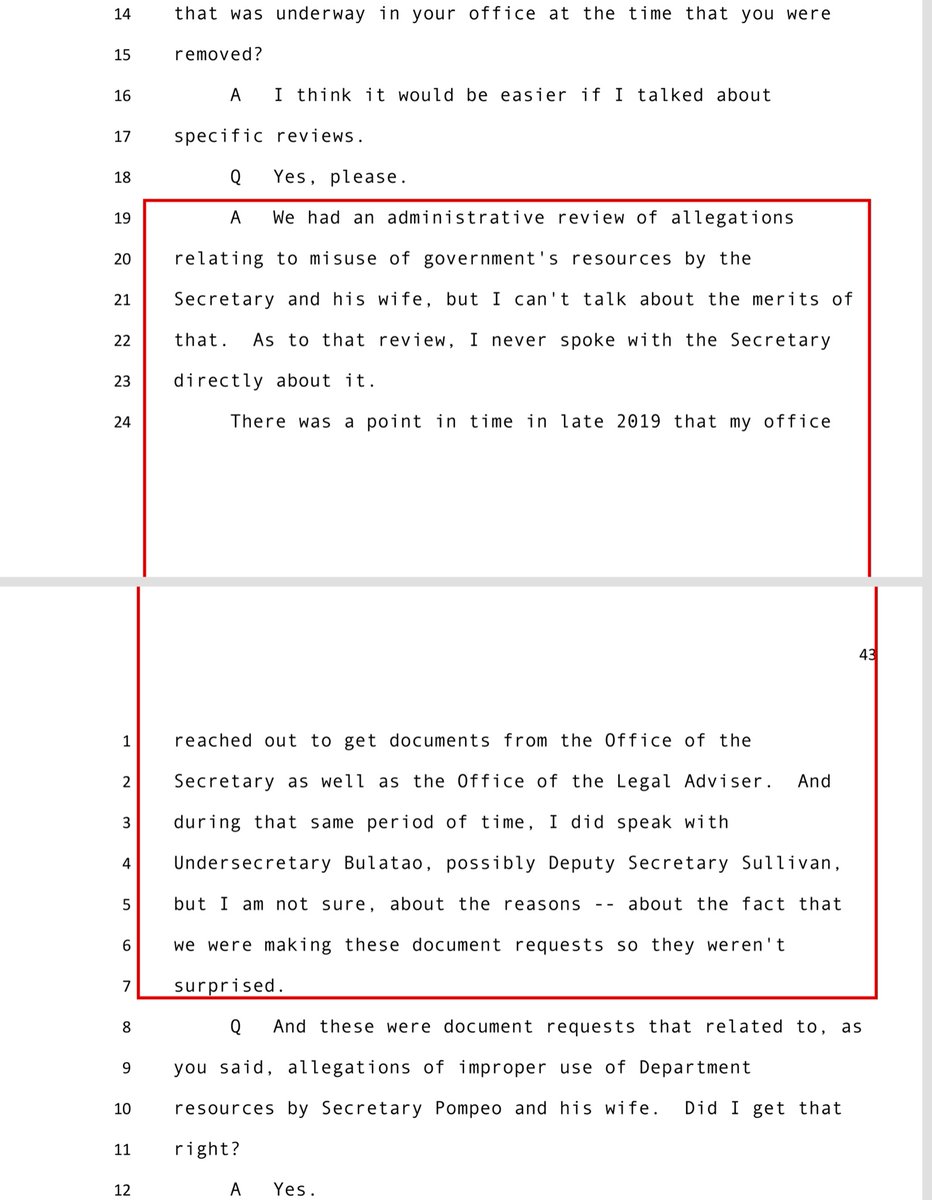 FIVE FUCKING INVESTIGATIONS‘in late 2019 my office reached out to get documents from the office of the secretary as well as the office of the legal adviser. And during that same period of time, I did speak with...[Brian] Bulatao, possibly Deputy Secretary [John] Sullivan”