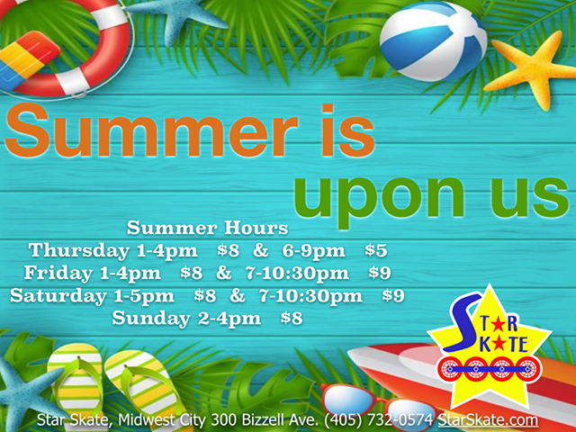 MidwestCityCVB's tweet photo. It’s time for summer fun and Star Skate Midwest City is OPEN!
Thursday: 1-4 p.m. &amp; 6-9 p.m.
Friday: 1-4 p.m. &amp; 7-10:30 p.m.
Saturday: 1-5 p.m. &amp; 7-10:30 p.m.
Sunday: 2-4 p.m.
#WheretoPlay🌞 https://t.co/nZKhApikFK