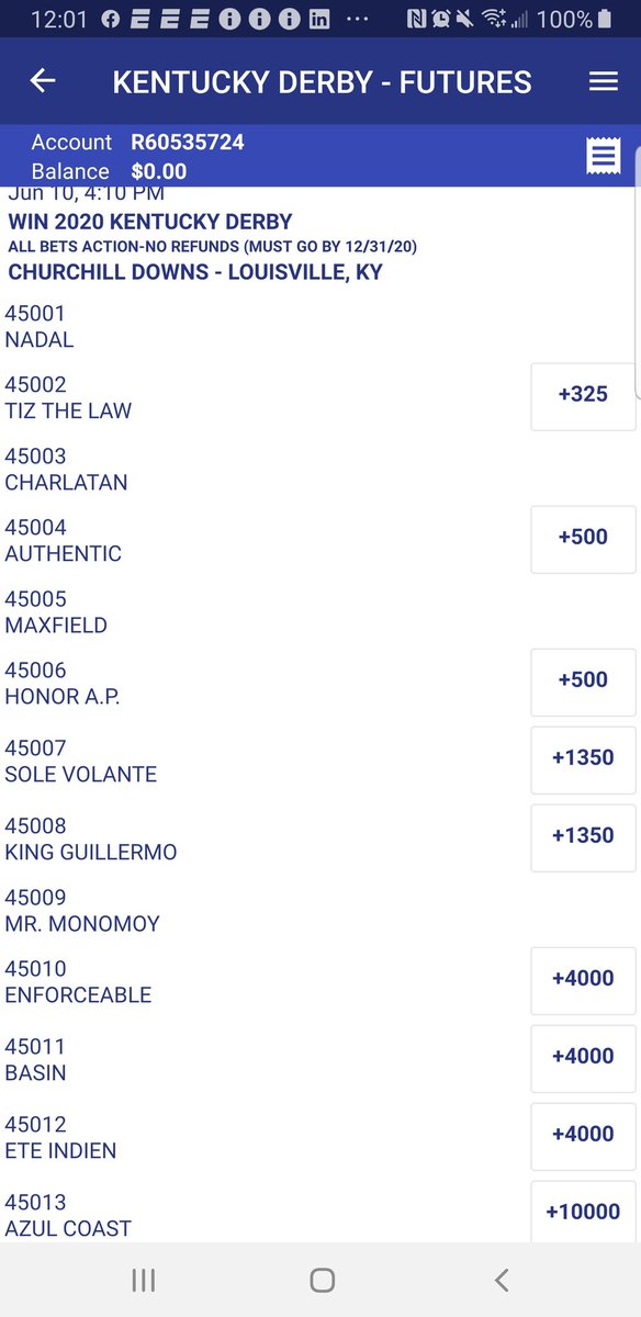 BittGDCG's tweet image. Updated #KentuckyDerby futures odds from @CircaSports after today&apos;s announcements regarding Maxfield &amp;amp; Wells Bayou.

Tiz the Law drops from +400 (4‐1) to +325.

Honor A.P. &amp;amp; Authentic drop from +600 to +500.