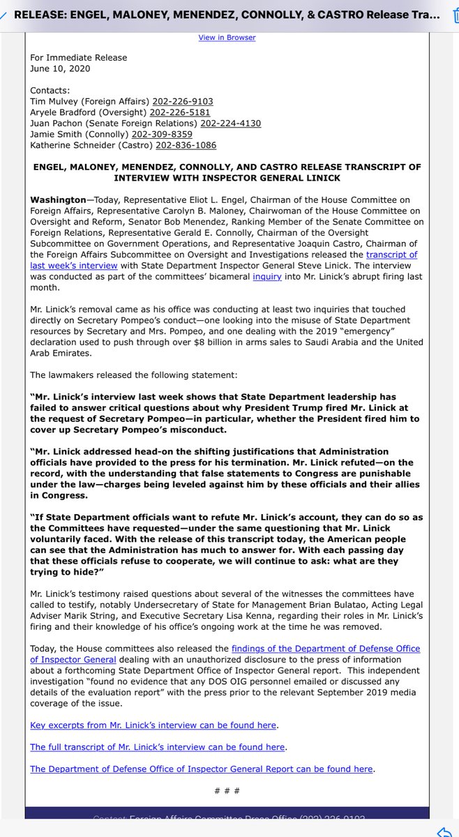 8AM Inbox notification, I was preoccupied with my actual job that doesn’t include twitter whispers they ALSO released the DOD-OIG report and transcriptsI’m 6 minutes late for a not-zoom- video-telconI’ll dive into this COB from my real jobCan I say it? https://foreignaffairs.house.gov/press-releases?ID=8390CE5B-3341-46DC-AE45-8BF2DEBA83B7