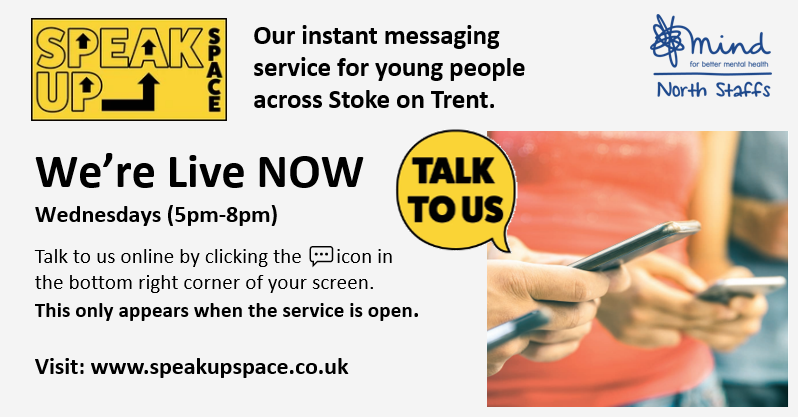 NorthStaffsMind's tweet photo. Our instant messaging service for young people is now LIVE until 8pm this evening (Wednesday).
Visit https://t.co/WstLVEJvz2 to talk to one of our team and for more information.
#speakupspace #ypmentalhealth #speakup #mentalhealth #askforhelp https://t.co/X1snG6Ze7k
