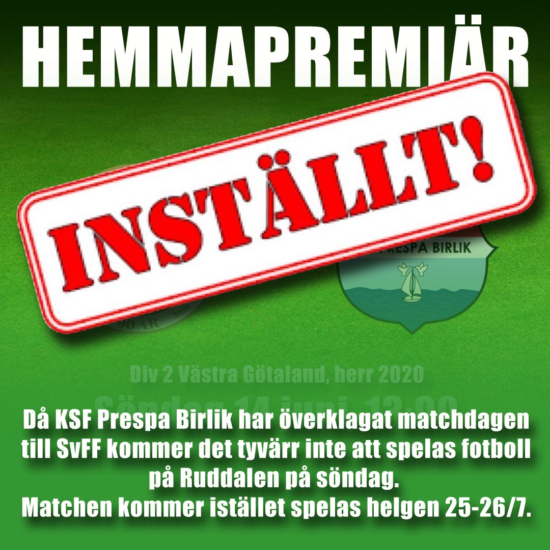 vastra_frolunda's tweet photo. Tråkiga nyheter.
KSF Prespa Birlik har överklagat matchdagen till SvFF, så det blir ingen hemmapremiär på söndag. Matchen kommer istället spelas helgen 25-26/7.
#forzavf #frölunda #ruddalen #div2vg #ståuppförvf #inställt #hemmapremiär https://t.co/YdGv7PiTwp