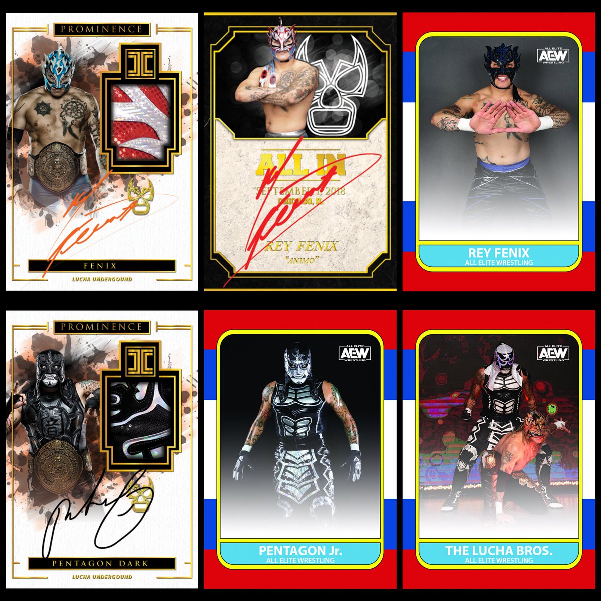 kagegfx's tweet photo. Today's #TradingCardDesign Subject;
The #LuchaBros @PENTAELZEROM & @ReyFenixMx
1. 2017 Impeccable Champions Patch Autos
2. 2018 All In
3. 1986-87 Fleer
#GraphicDesign #ProWrestling #LuchaUnderground #AllIn2018 #paniniamerica #whodoyoucollect #WrestlingTradingCards #ceromiedo https://t.co/zkLQjGNHyB