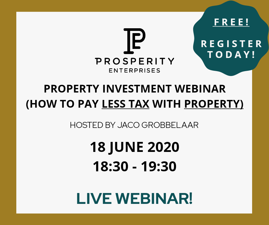 Join Prosperity Enterprises ONLINE on 18 June 2020 for our free one hour webinar on how to pay less tax with property.

Book: qoo.ly/36gcmd

#BeProsperous #PropertyInvestment #LiveWebinar #InvestInRealEstate #WealthCreation