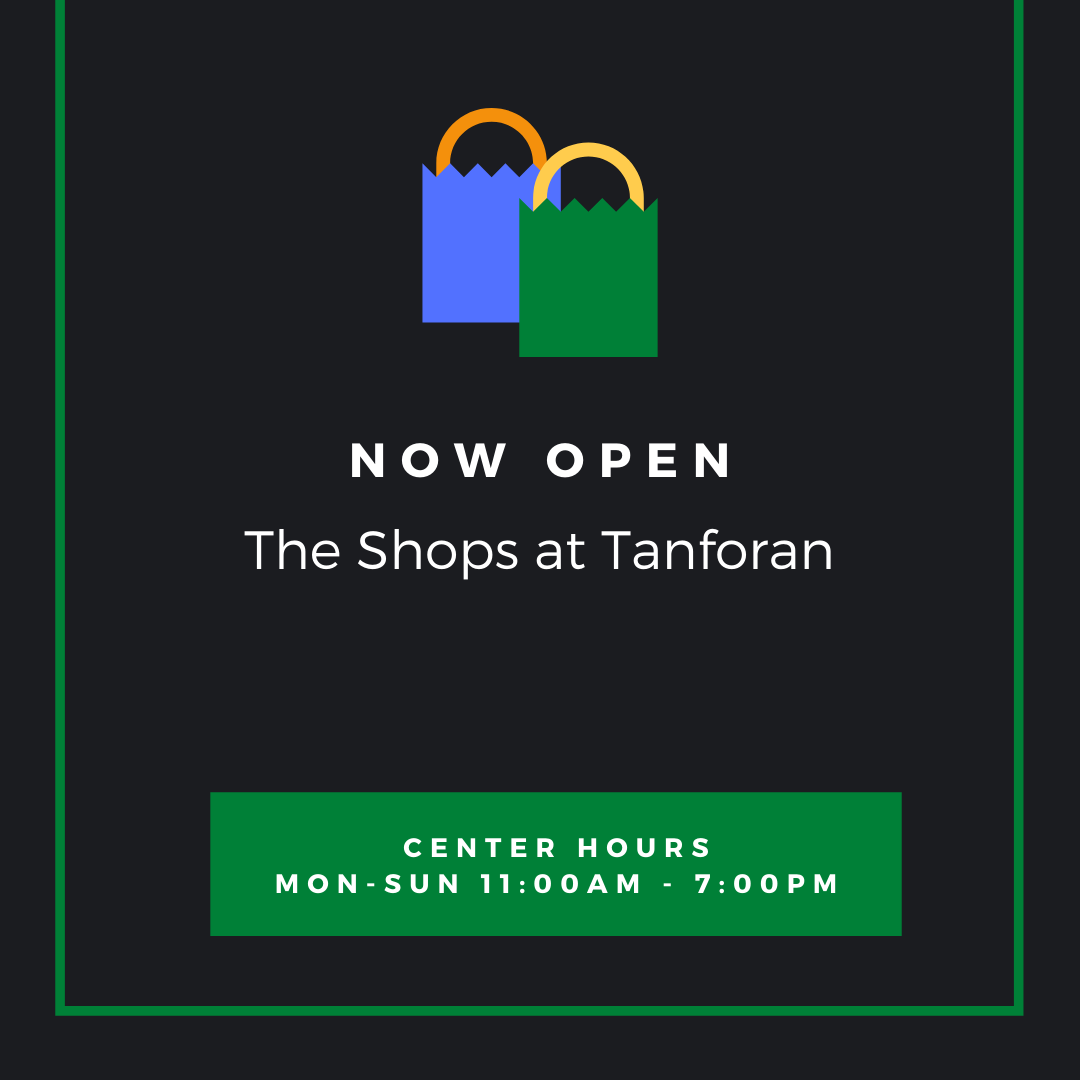 The Shops at Tanforan will reopen on today, June 10 at 11am. Hours will be 11am-7pm seven days a week. We are dedicated to providing a safe, healthy, and comfortable environment for our guests and are delighted to welcome them back.